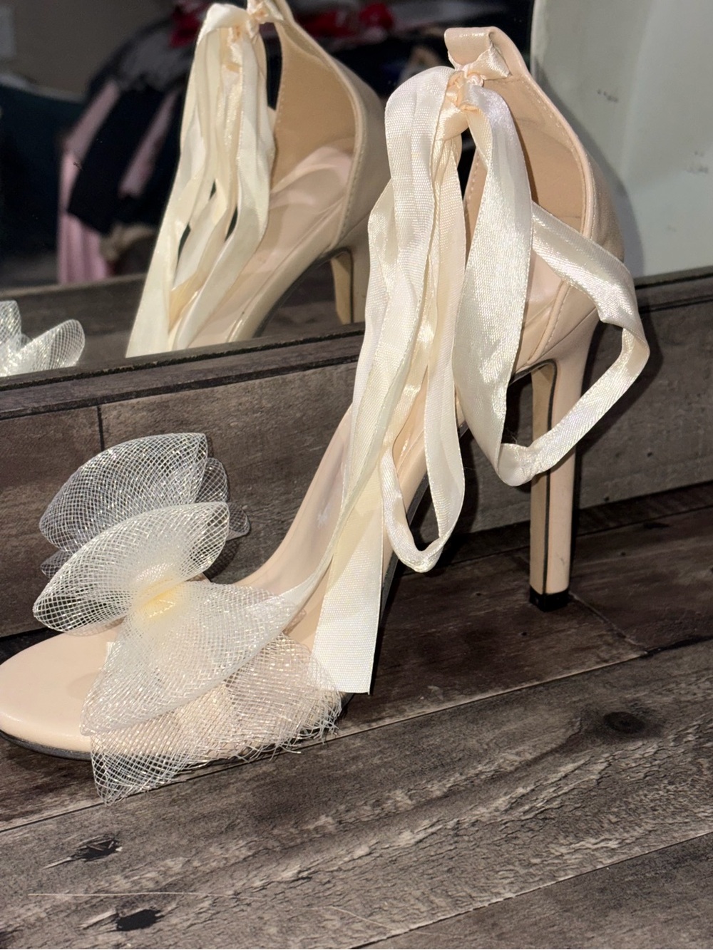 Tulle Mesh Bow Ankle Tie Stiletto Heels - Nude / Ivory - Size 37 (US 6.5) - Picture 10 of 11